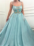 A Line Spaghetti Straps Tulle Beading Flowers Prom Dress LBQ2490